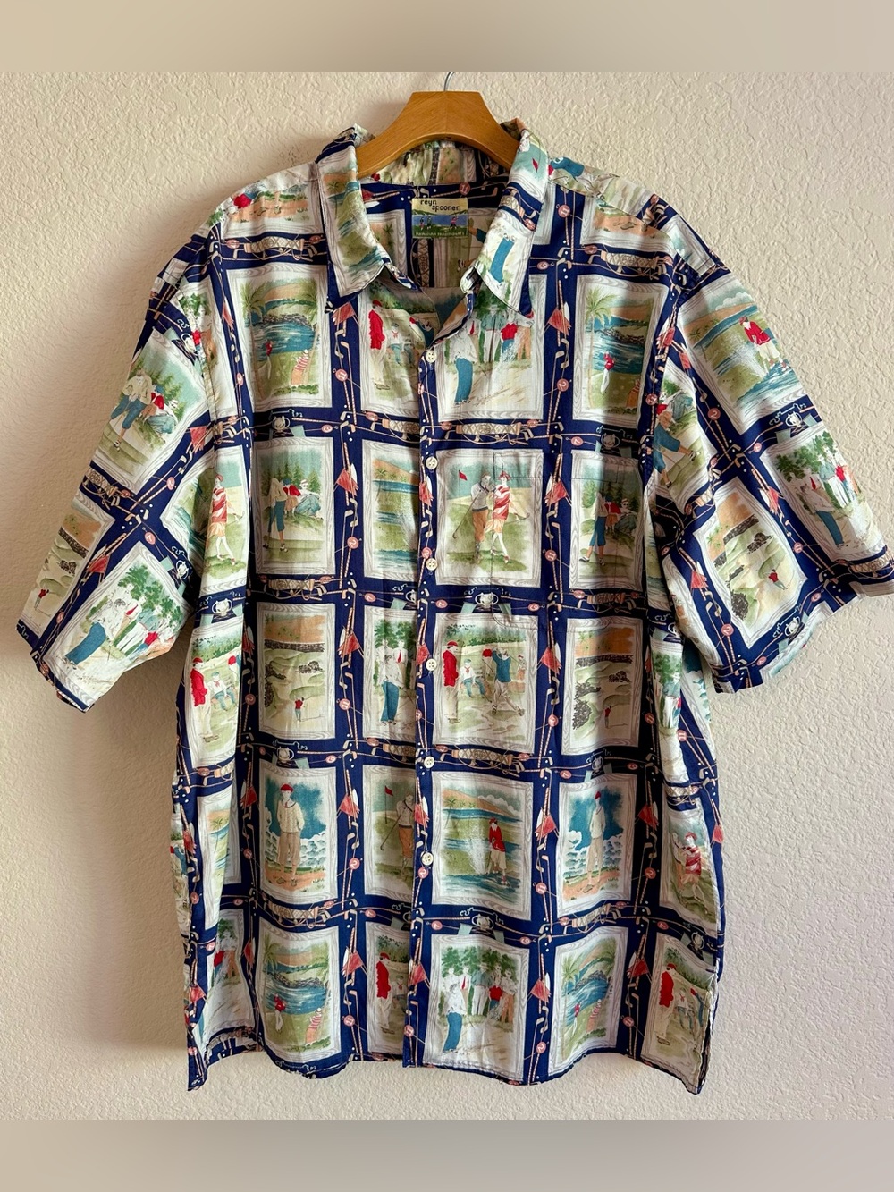 Vintage Reyn Spooner Hawaiian Shirt Mens Size L Egyptian Cotton Blue Golf Print